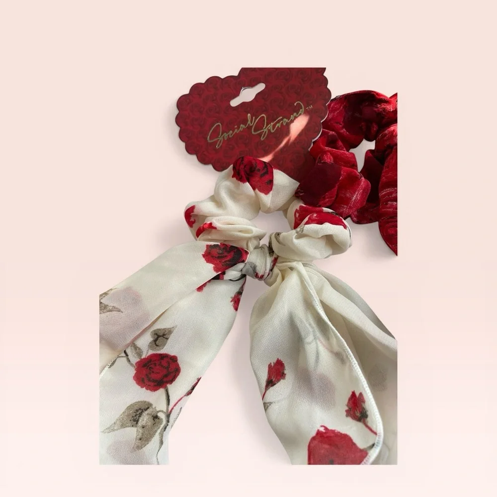 Social Strand Red and White Floral Scarf Hair Scrunchies Ponytail Tie